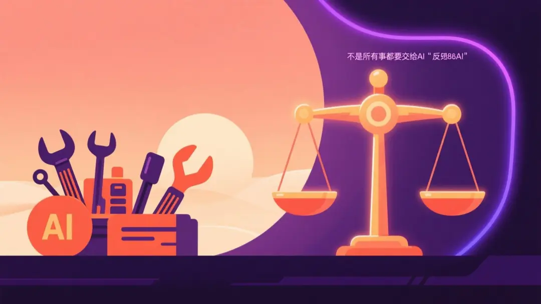 能不能 vs 該不該 · 左側一堆工具(AI 圖標)躍躍欲試,右側是一把發光的判斷天平,象徵"不是所有事都要交給 AI"的反思與剋制,背景温暖落日漸變