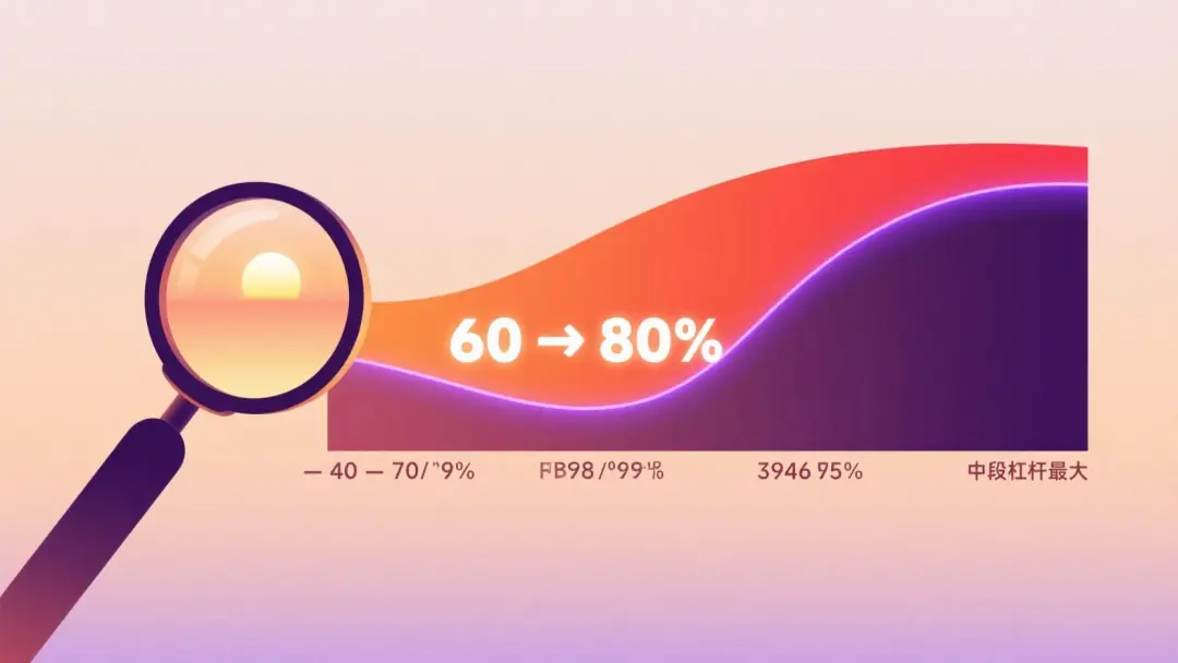 優先級槓桿 · 一把放大鏡聚焦在"60 → 80 分"的中段任務上發光最亮,兩端(40 → 70 / 90 → 95)的任務處於暗區,視覺傳達"中段槓桿最大"的判斷法
