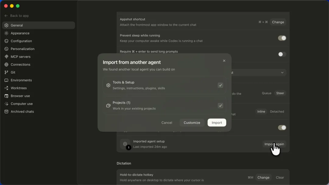Import from another agent in General settings