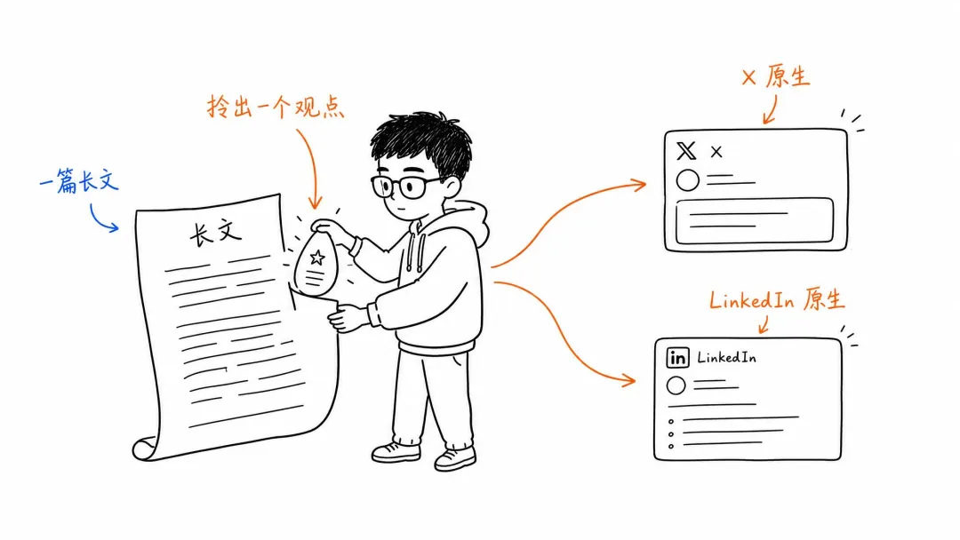 圖 01：一篇長文，拎出一個最值得傳播的觀點，再改寫成 X 和 LinkedIn 的原生內容。