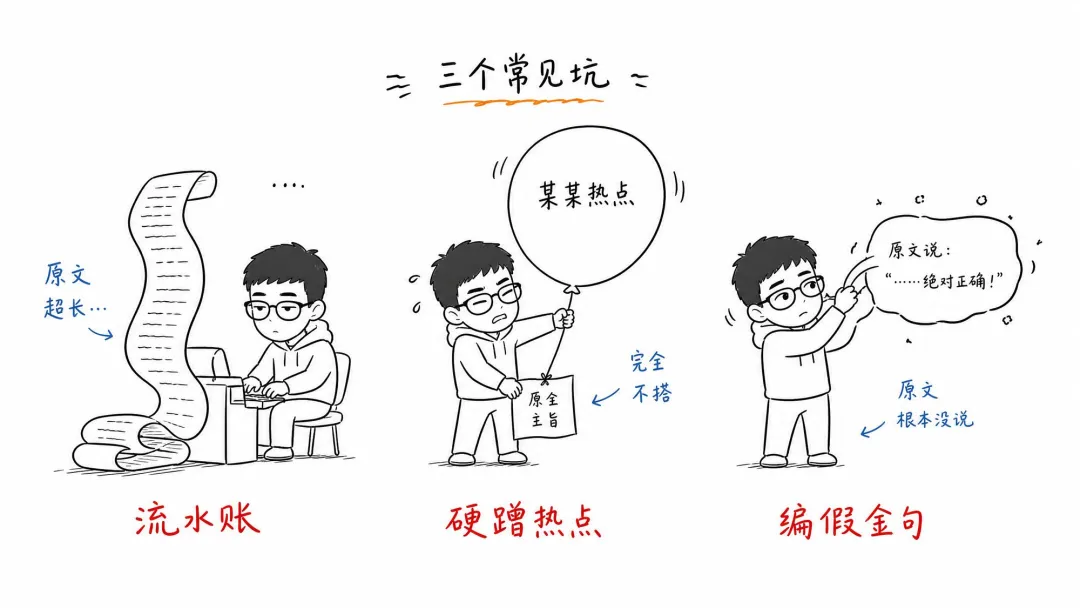 圖 02：再分發最容易翻車的三個坑——流水賬、硬蹭熱點、編假金句。