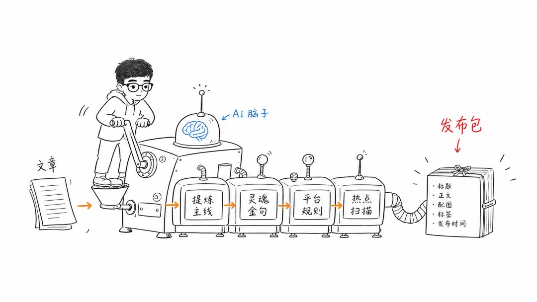 圖 03：一篇文章進去，經過一條帶 AI 腦子的固定流水線，產出一套發佈包。