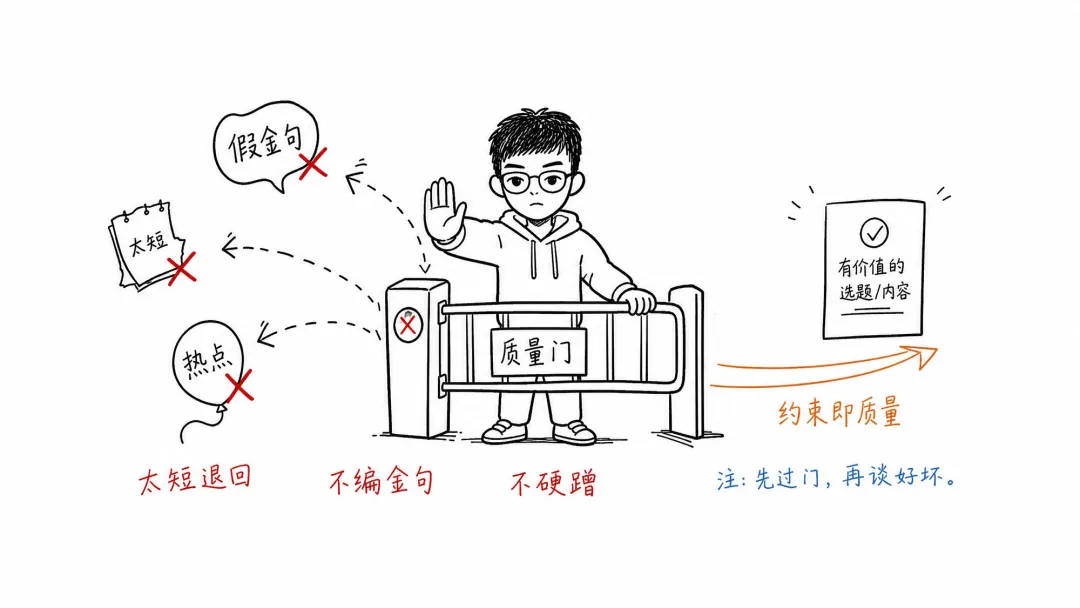 圖 04：它像個嚴格的守門員，把太短的選題、假金句、硬蹭的熱點擋在門外。