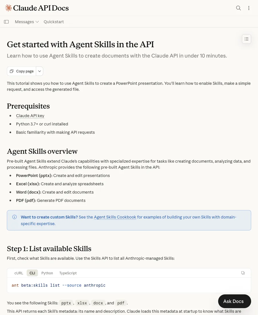 Agent Skills Quickstart 裏展示的 skill 包結構
