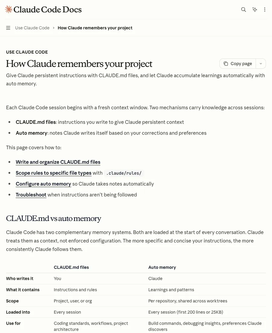 Claude Code memory 文檔說明 CLAUDE.md 如何作為項目記憶入口