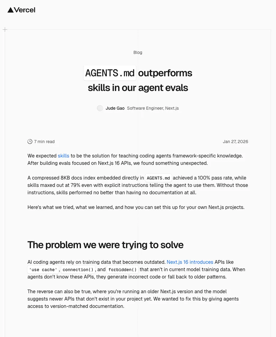 Vercel 用 agent evals 對比 AGENTS.md 與 skills 的文檔檢索效果