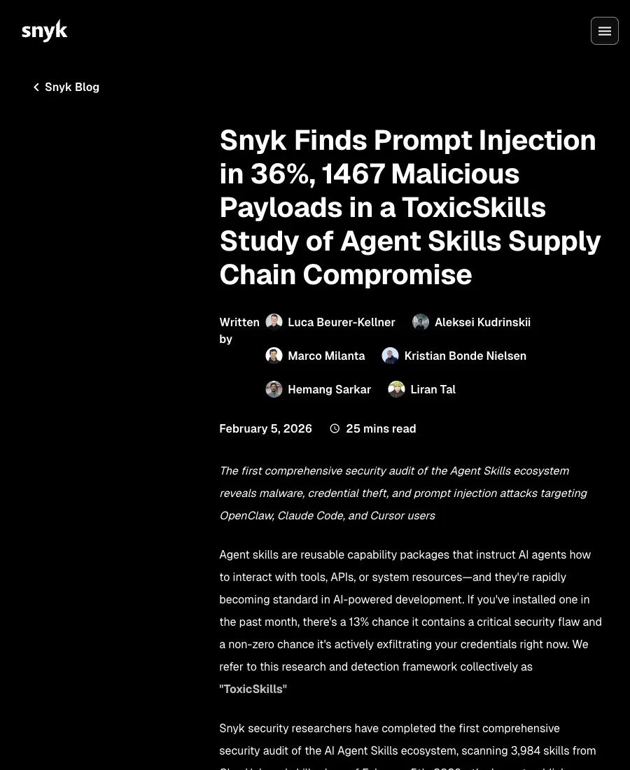 Snyk ToxicSkills 研究把 agent skills 當作供應鏈風險入口分析
