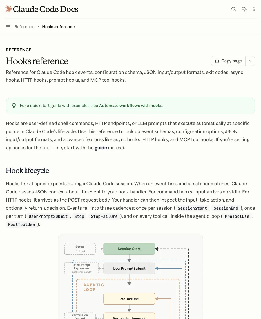 Claude Code hooks 文檔把 hooks 定義為自動執行 shell 命令的機制
