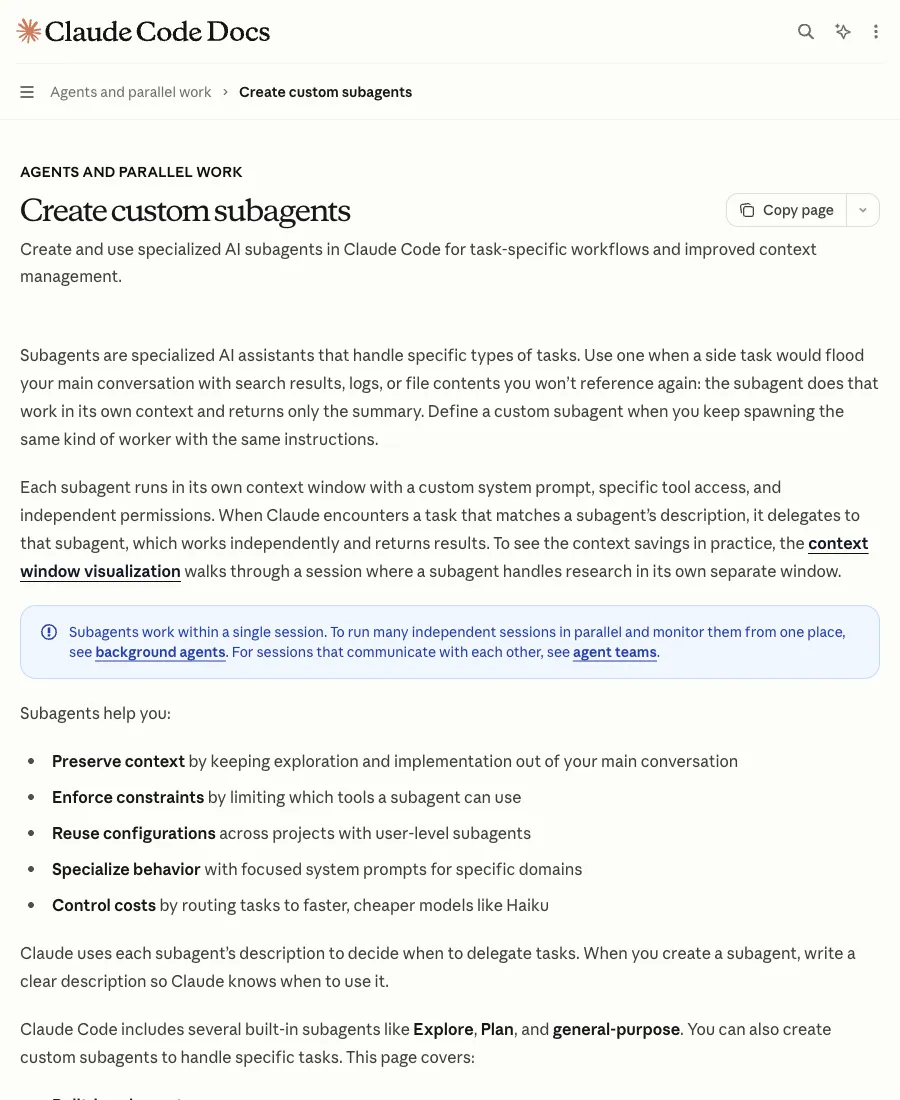 Claude Code subagents 文檔展示如何創建專門執行者