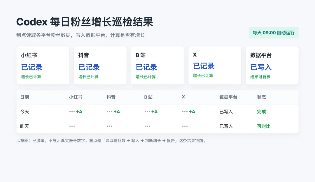 Codex 每日粉絲增長巡檢結果:小紅書、抖音、B 站、X 和數據平台的脱敏結果示意