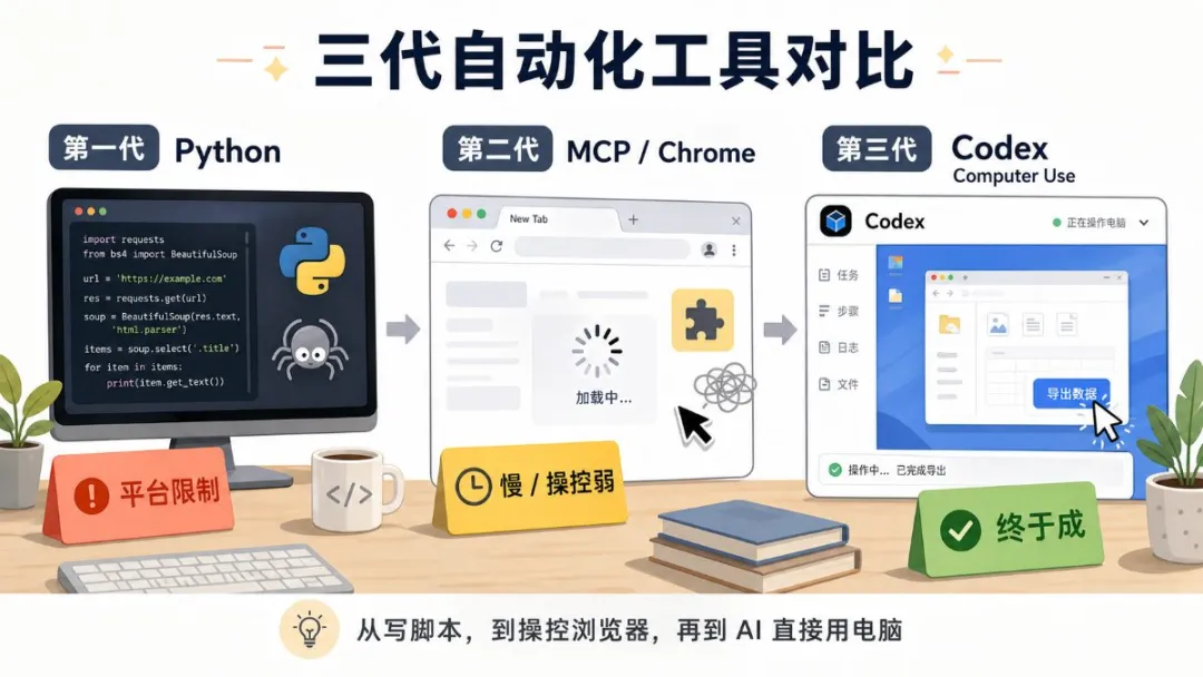 三代自動化工具對比:Python、MCP / Chrome、Codex Computer Use
