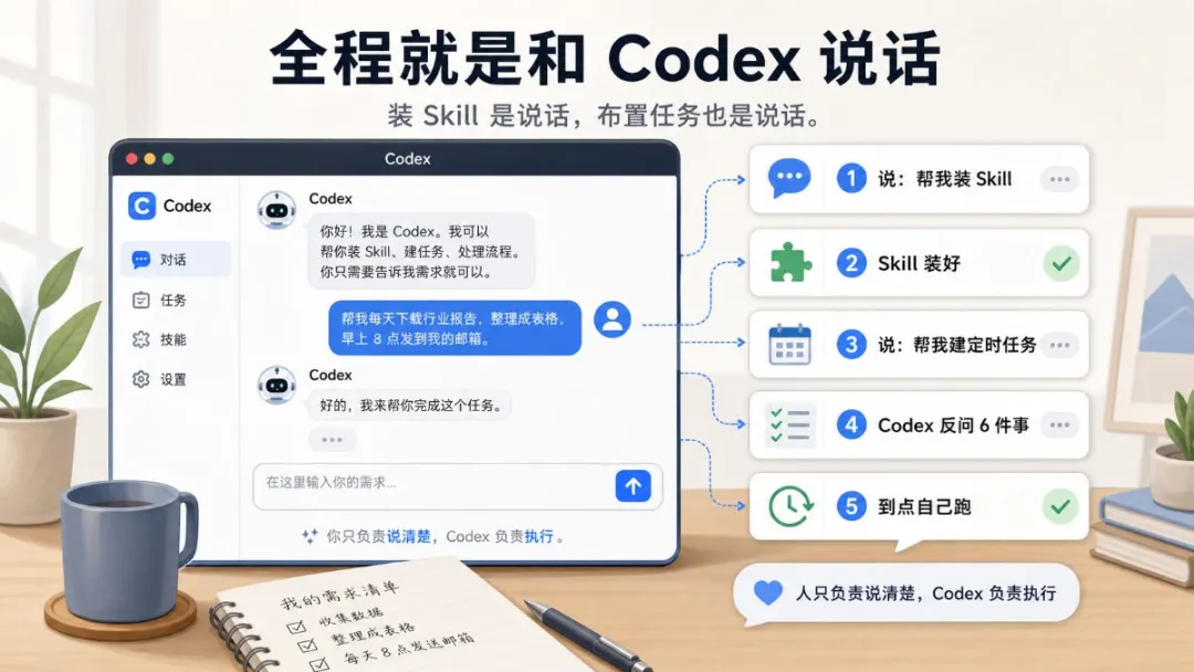 全程就是和 Codex 說話:安裝 Skill、創建定時任務、確認配置、到點自動跑