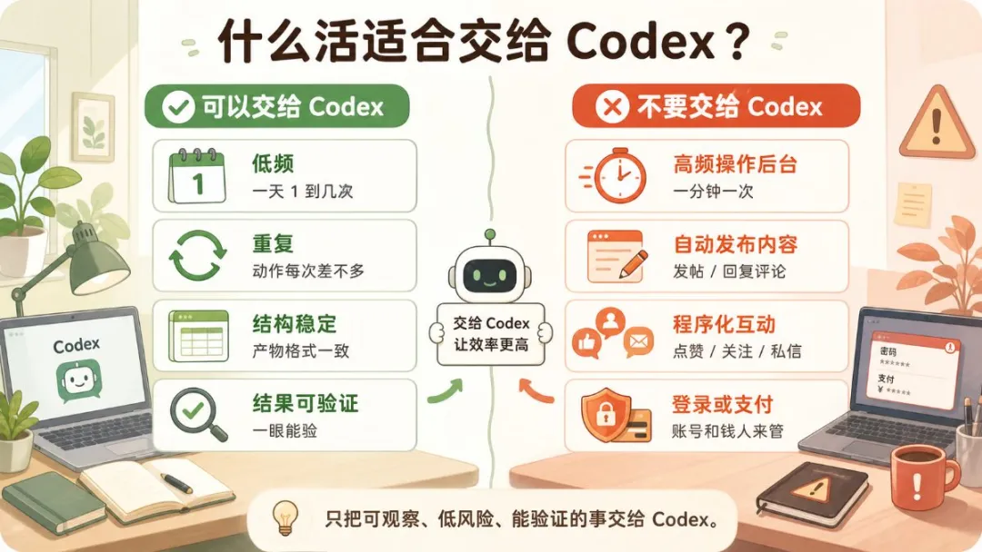 什麼活適合交給 Codex:低頻、重複、結構穩定、結果可驗證;高頻後台、自動發佈、程序化互動、登錄支付不要交給 Codex