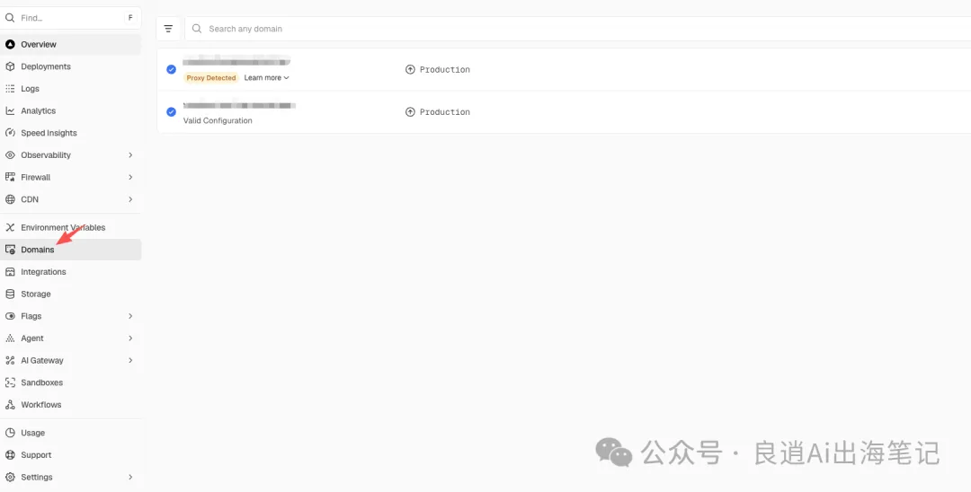 Vercel Domains 頁面截圖