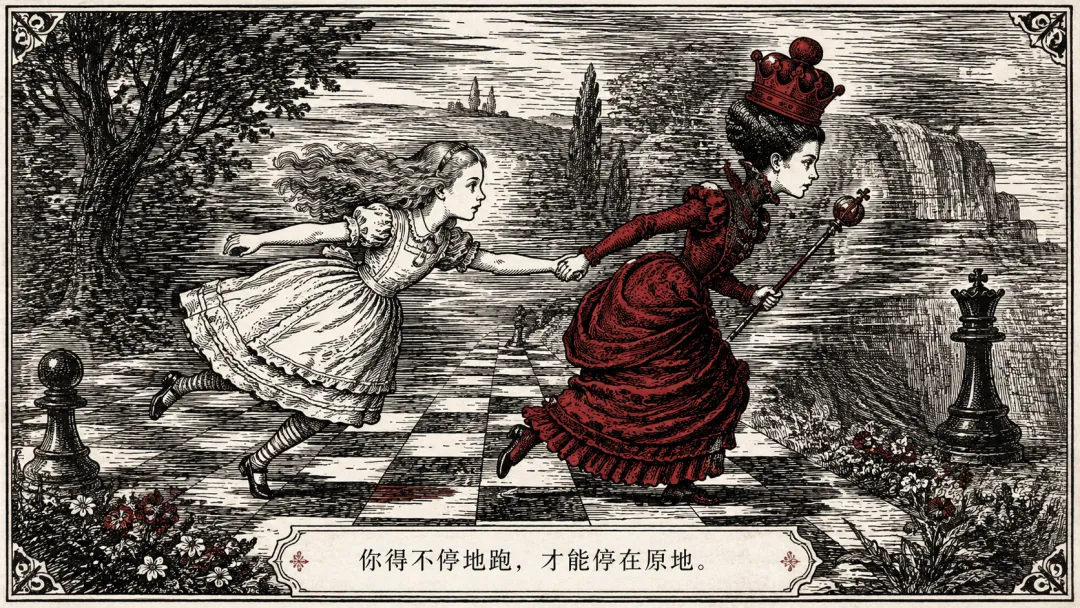 紅皇后插畫：愛麗絲和紅皇后手牽手在國際象棋棋盤上拼命奔跑，背景的風景往後倒退