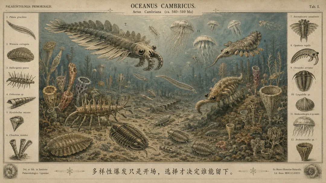 寒武紀海洋生物圖鑑：奇蝦、歐巴賓海蠍、三葉蟲、皮卡蟲等寒武紀標誌性生物，米色羊皮紙底