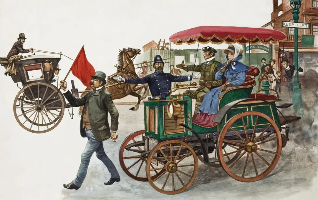 1865 年的《紅旗法案》規定：汽車上路，前面必須有人舉着紅旗走着開道。這就是「讓人留在流程裏」最荒唐的反面教材。