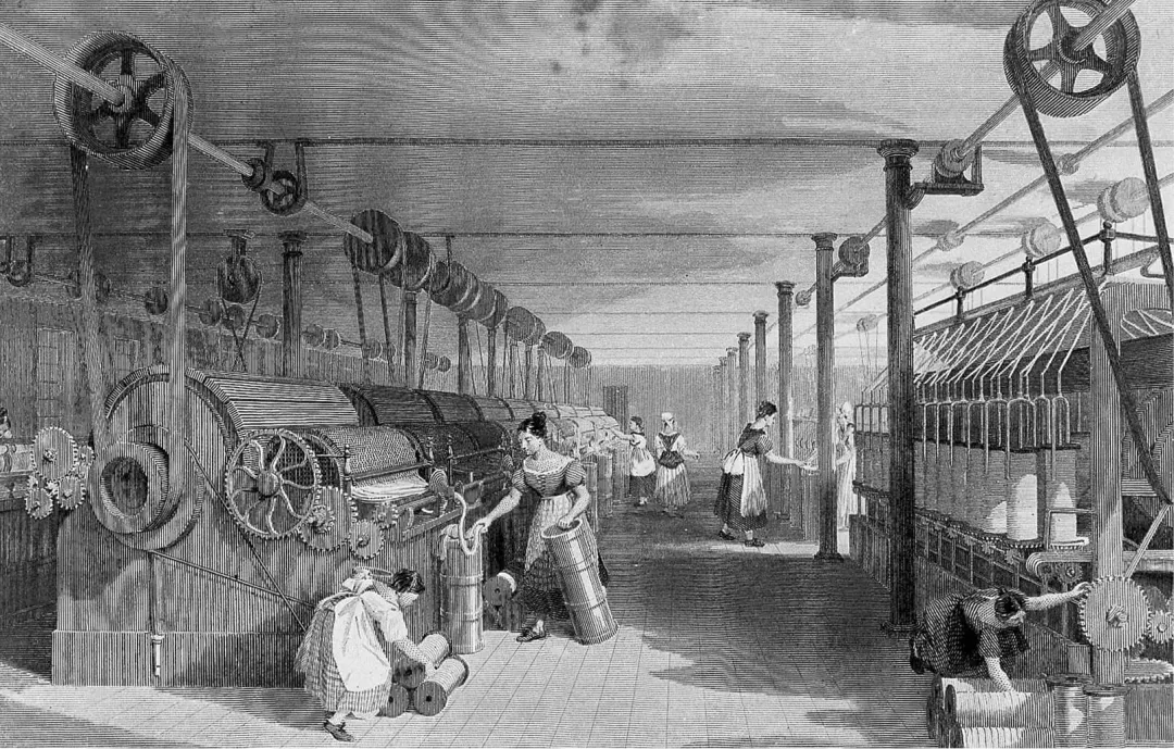 托馬斯·阿洛姆 1835 年的版畫，畫的是英國蘭開夏一家靠蒸汽機驅動的紡織廠。