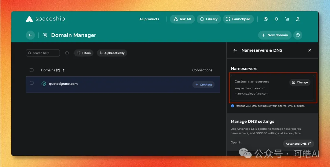在 Spaceship 修改 Nameservers 為 Cloudflare 提供的地址