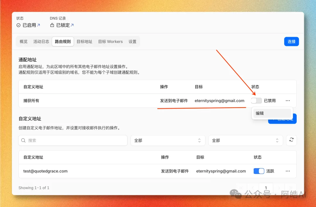 路由規則頁：通配地址開關和已激活的自定義地址