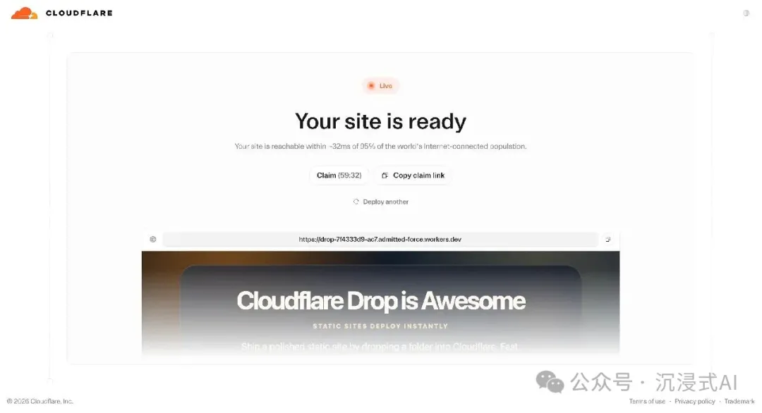 Cloudflare Drag and Drop temporary live preview screen with claim and copy claim link actions