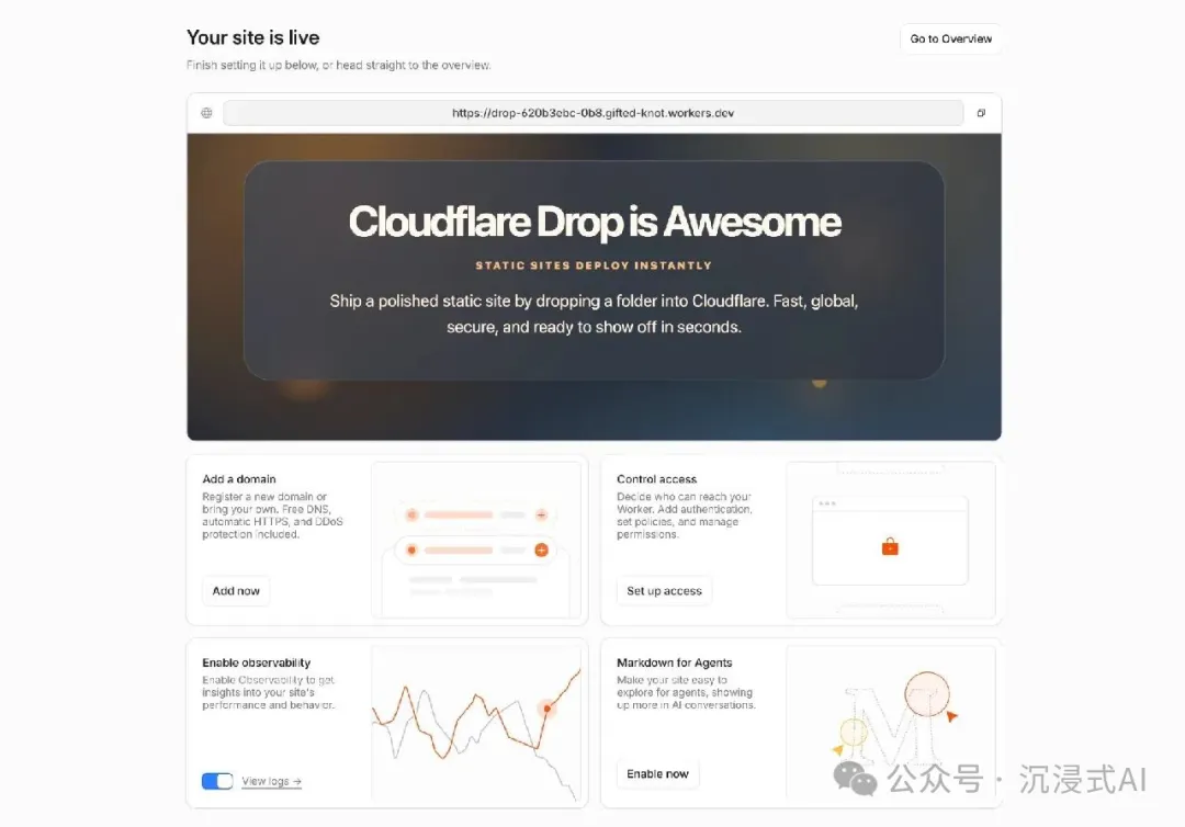 Claimed Cloudflare Drag and Drop site setup screen showing options to add a domain, control access, enable observability, and enable Markdown for agents
