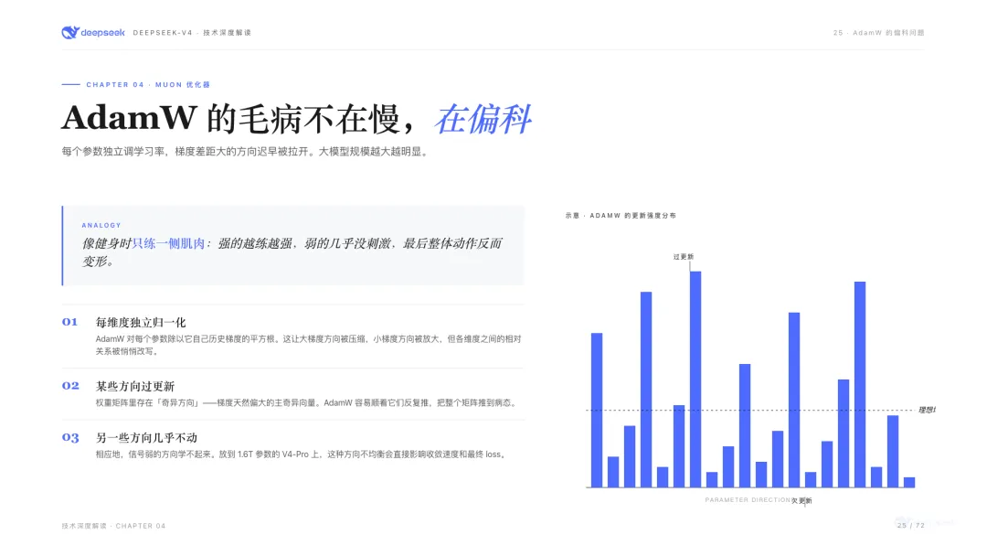 AdamW的更新強度分佈：少數「熱門方向」被過度更新，其他方向幾乎不動