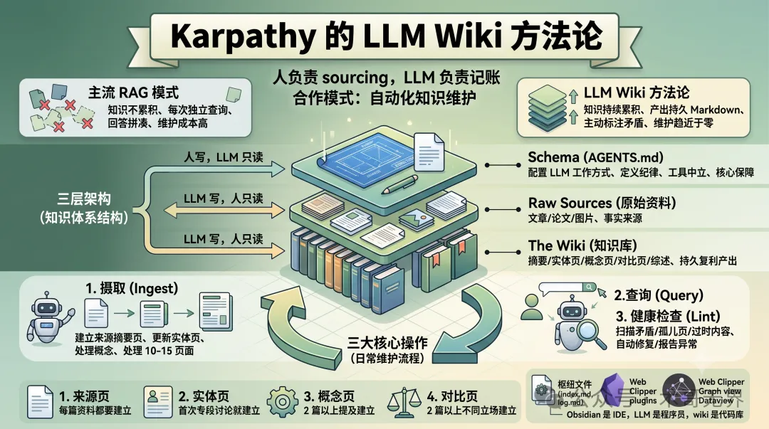 Karpathy LLM Wiki 方法論信息圖封面：核心分工、三層架構與三大操作概覽