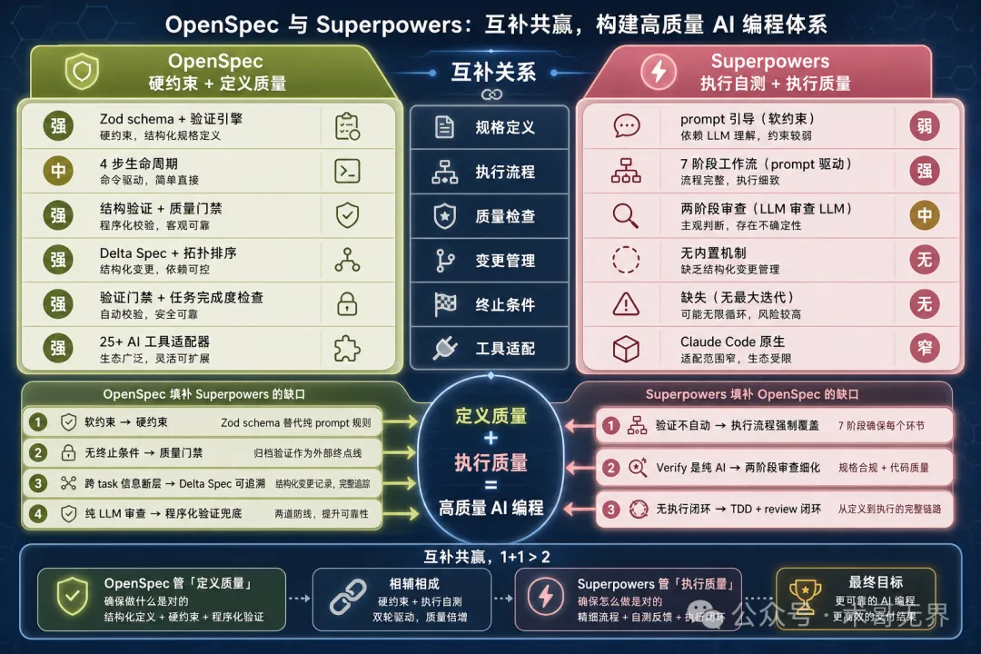 OpenSpec 與 Superpowers 互補關係對比圖