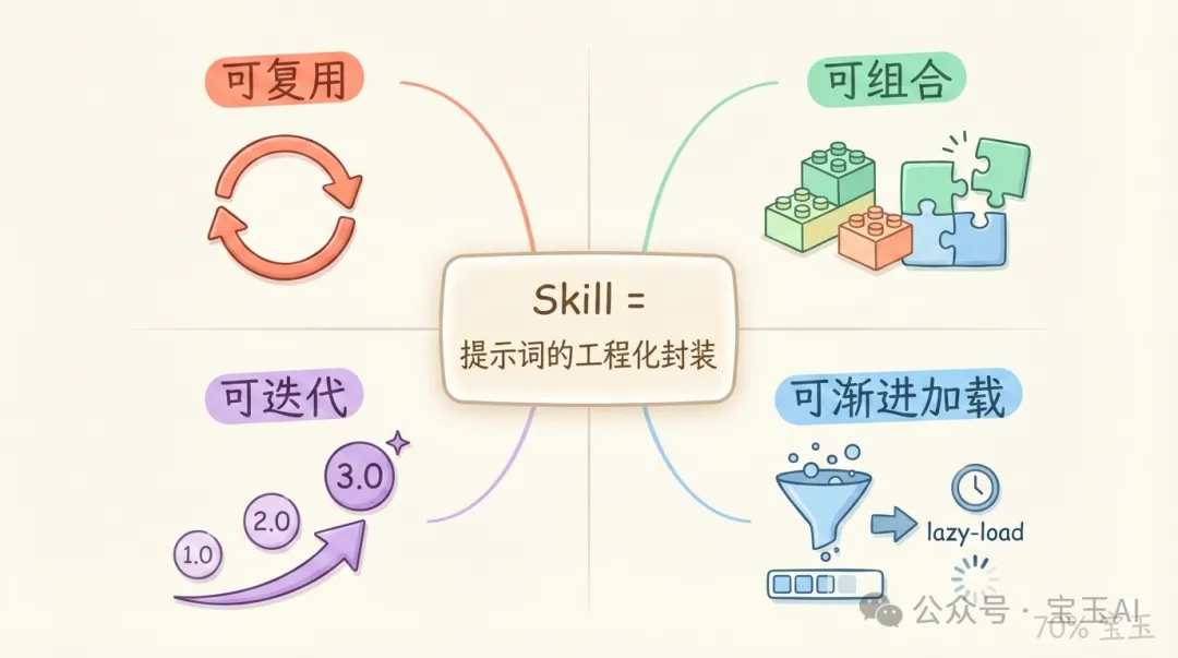 Skill 的四大價值：可複用、可組合、可迭代、可漸進加載